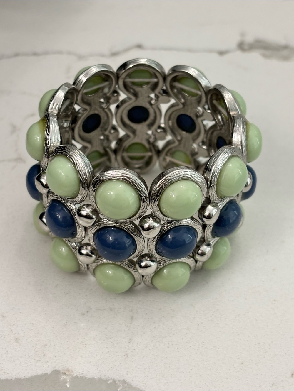 Stretch Bracelet with Mint Green and Navy Cabochon Stones